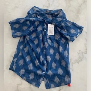 Theory Tamalee Women's Blouse Small Blue  Off Shoulder Button Top